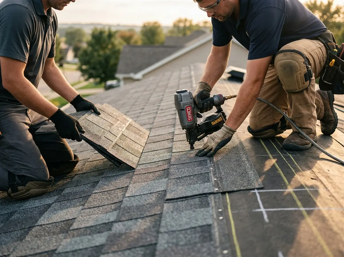 Professional roofer working on a residential roof in Eugene